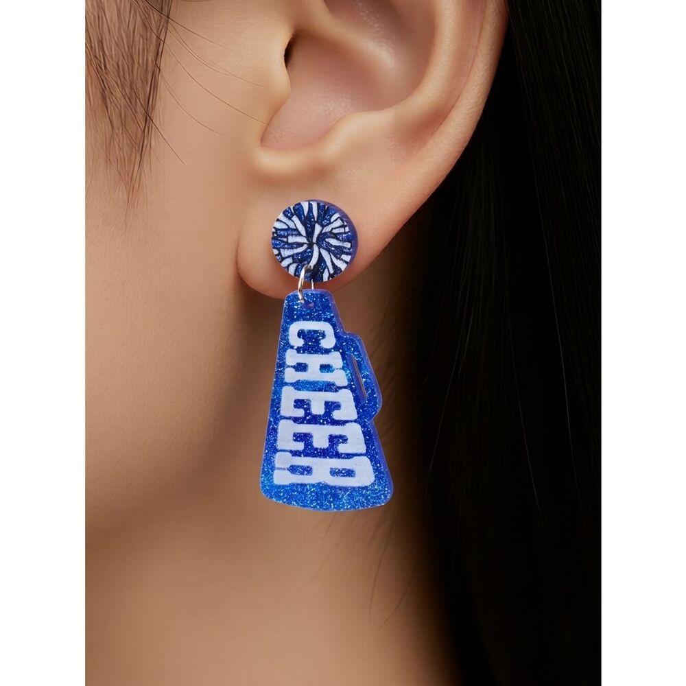 Blue Glitter Cheer Megaphone Earrings School Spirit Cheerleader Stud Dangles
